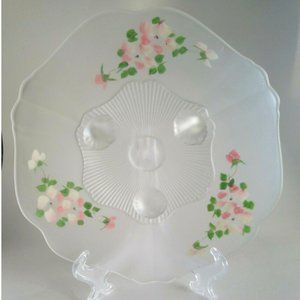Antique Lancaster White Satin Depression Glass Footed Bowl Hand Painted Flowers